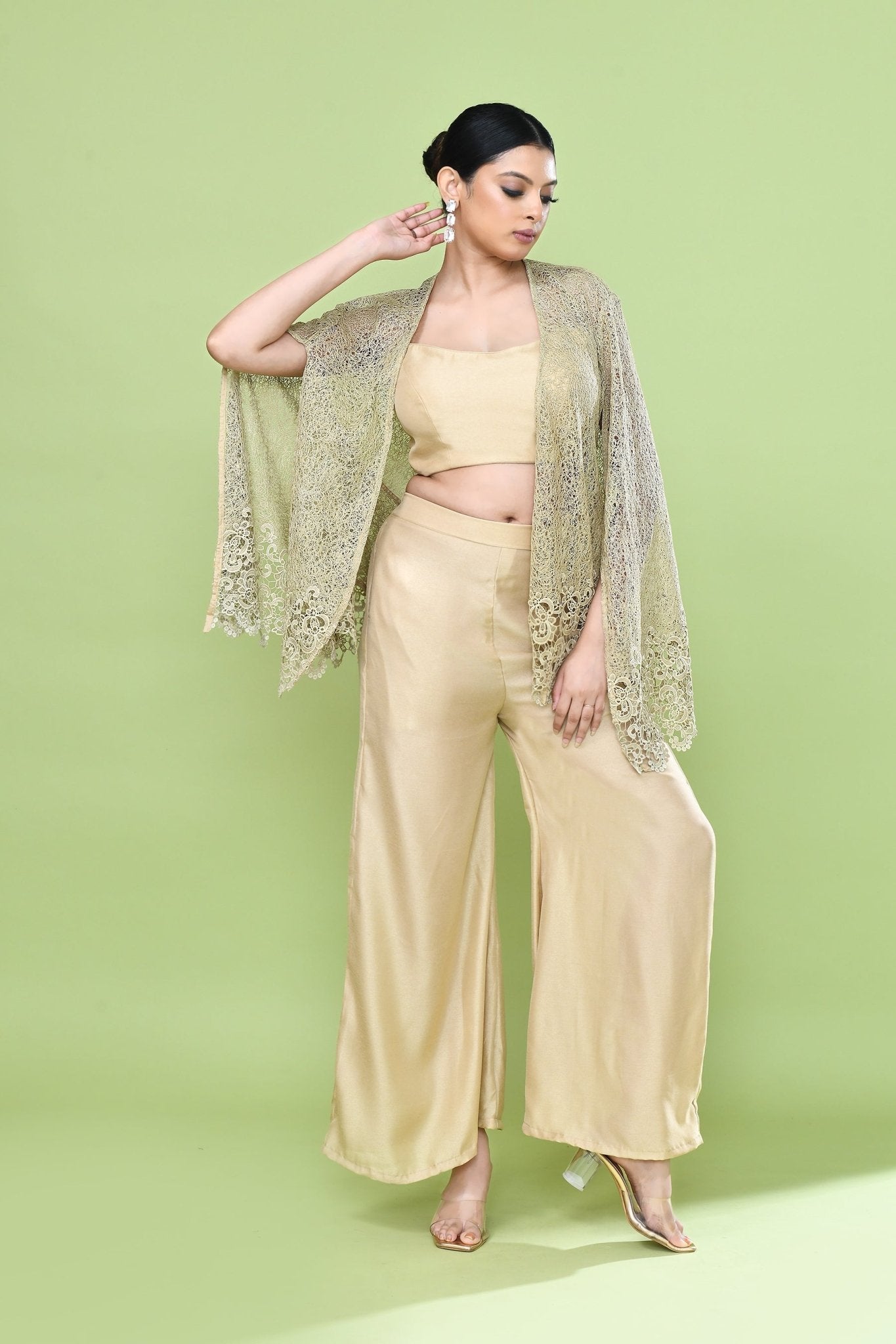 Designer Wear Beige Palazzo Set with an Embellished Jacket - Simaaya