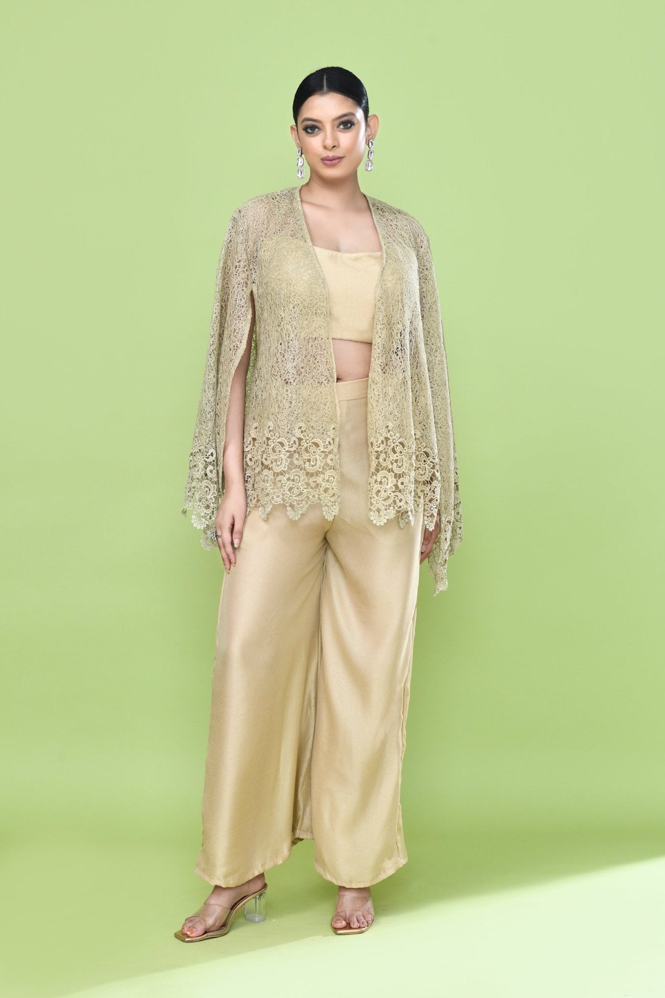 Designer Wear Beige Palazzo Set with an Embellished Jacket - Simaaya