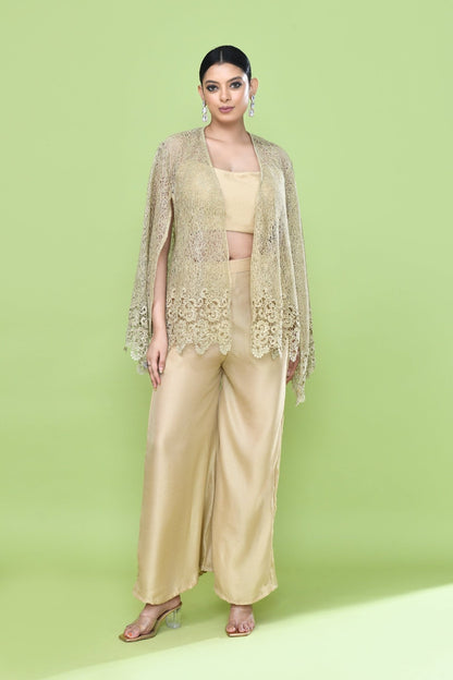 Designer Wear Beige Palazzo Set with an Embellished Jacket - Simaaya