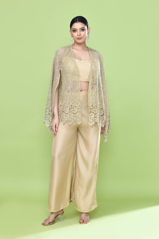 Designer Wear Beige Palazzo Set with an Embellished Jacket - Simaaya