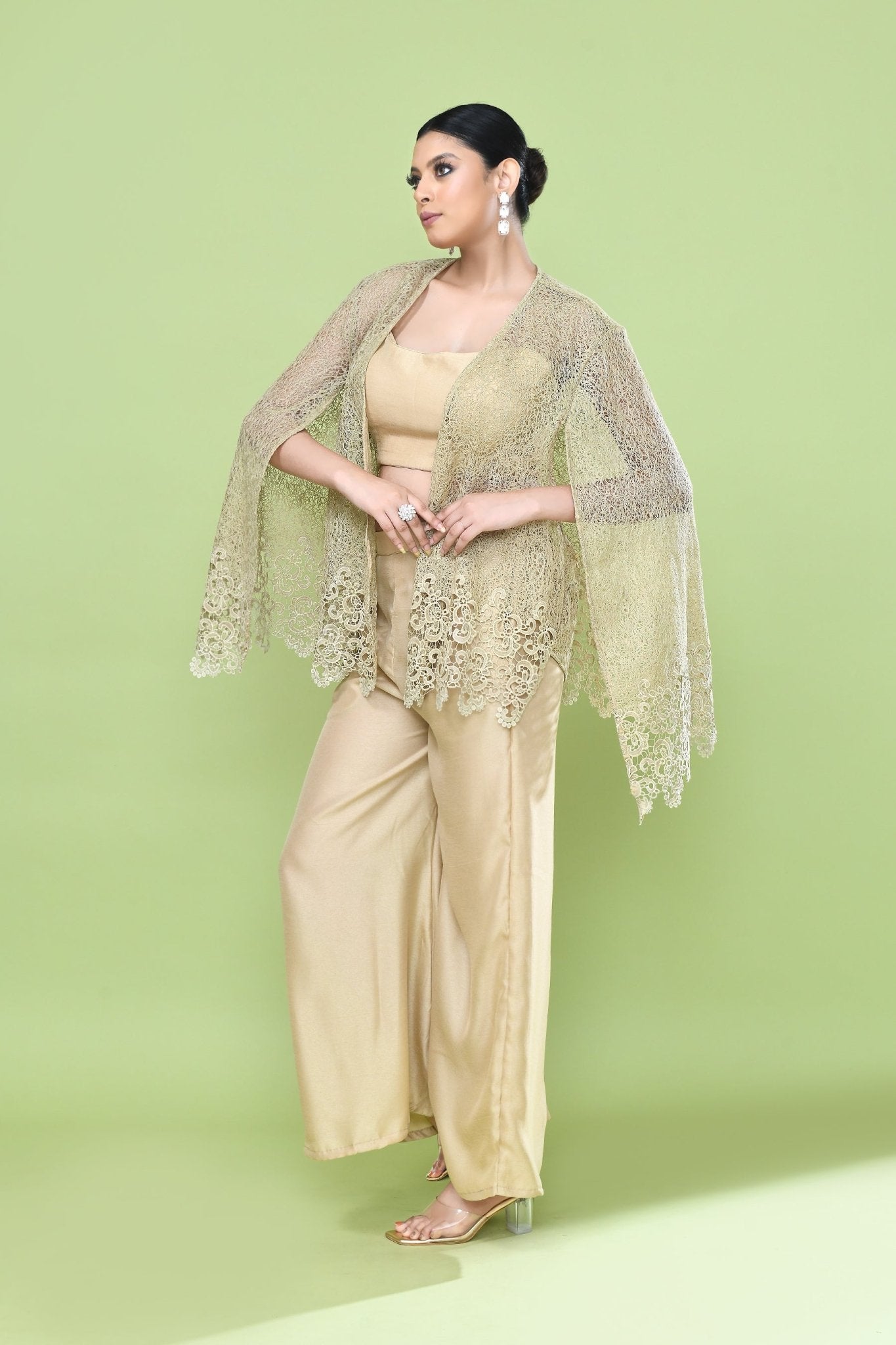Designer Wear Beige Palazzo Set with an Embellished Jacket - Simaaya