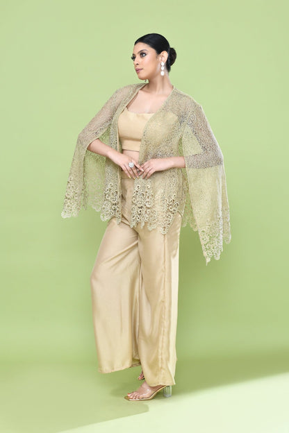 Designer Wear Beige Palazzo Set with an Embellished Jacket - Simaaya