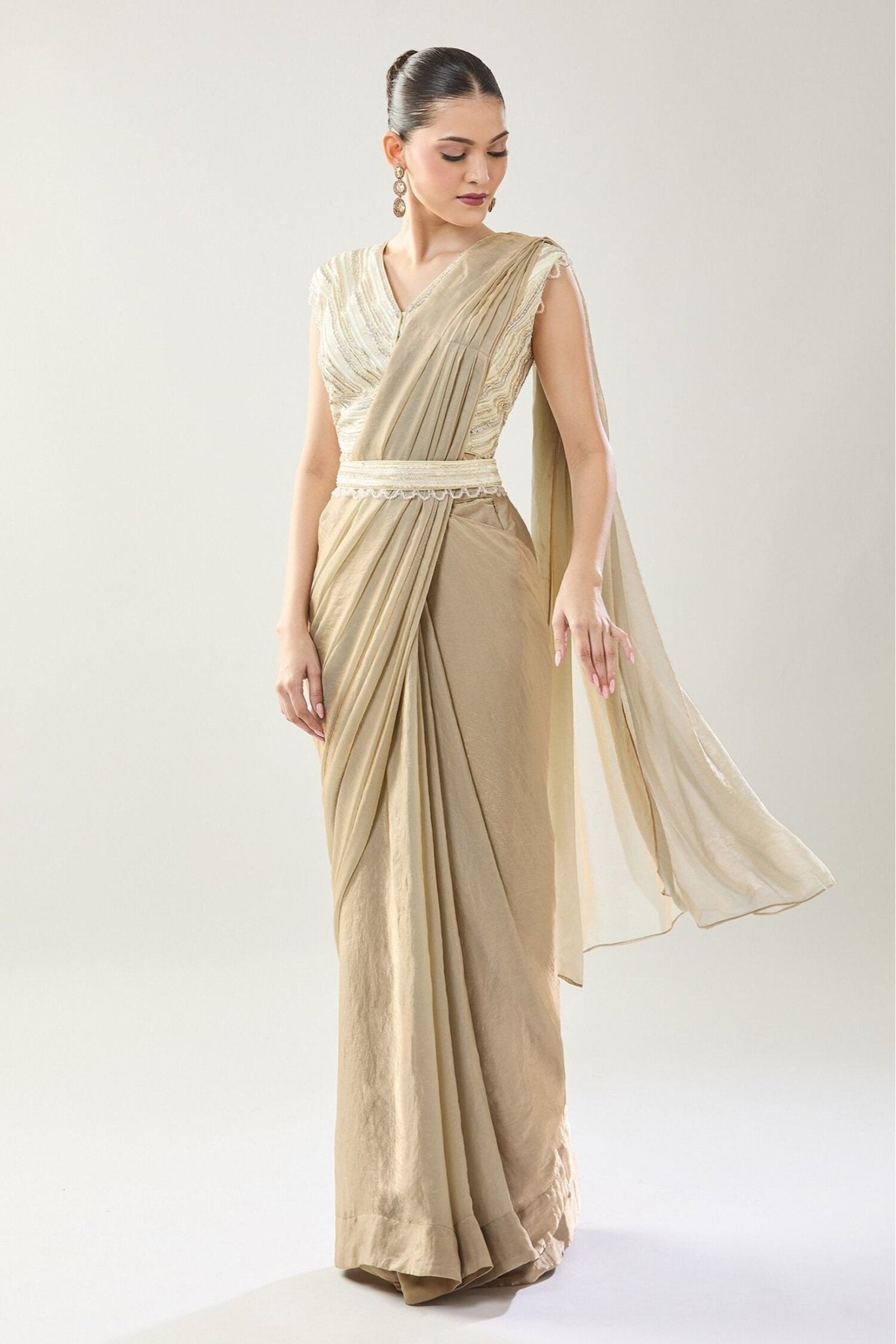Designer Wear Beige Pre-Draped Saree Set - Simaaya