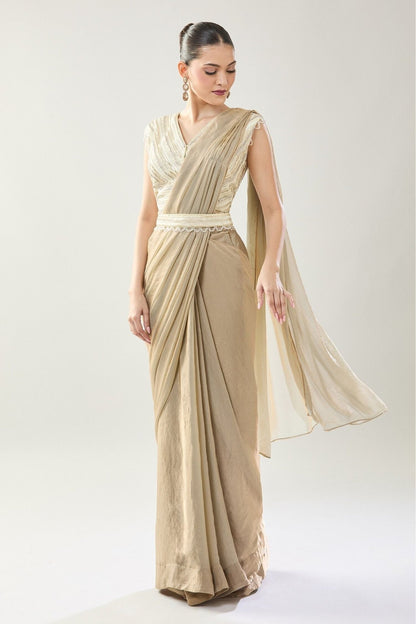 Designer Wear Beige Pre-Draped Saree Set - Simaaya