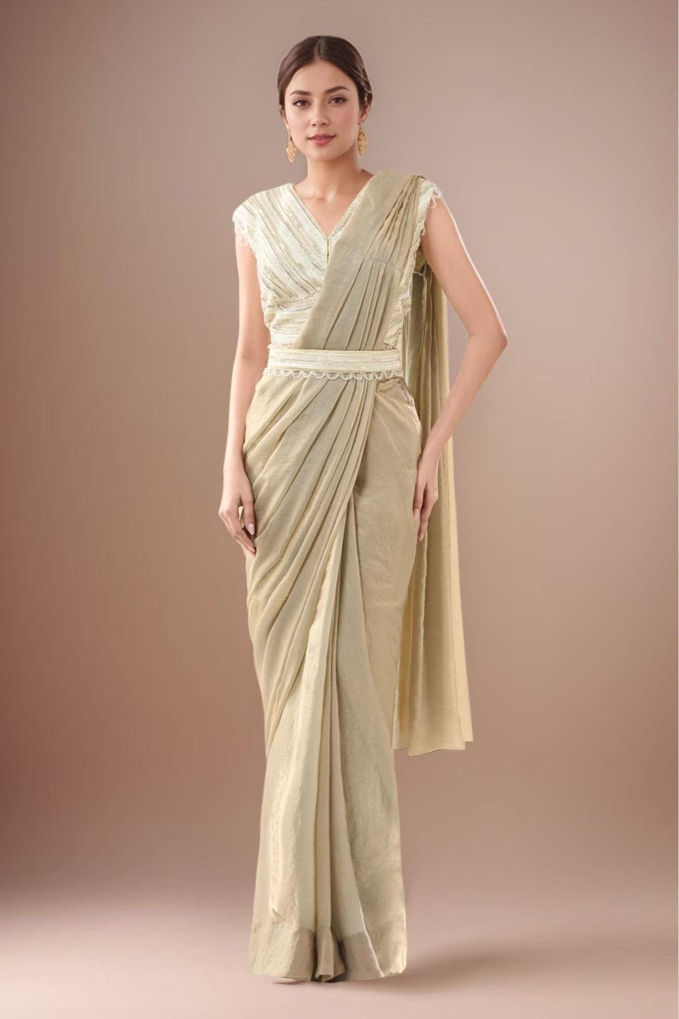Designer Wear Beige Pre-Draped Saree Set - Simaaya