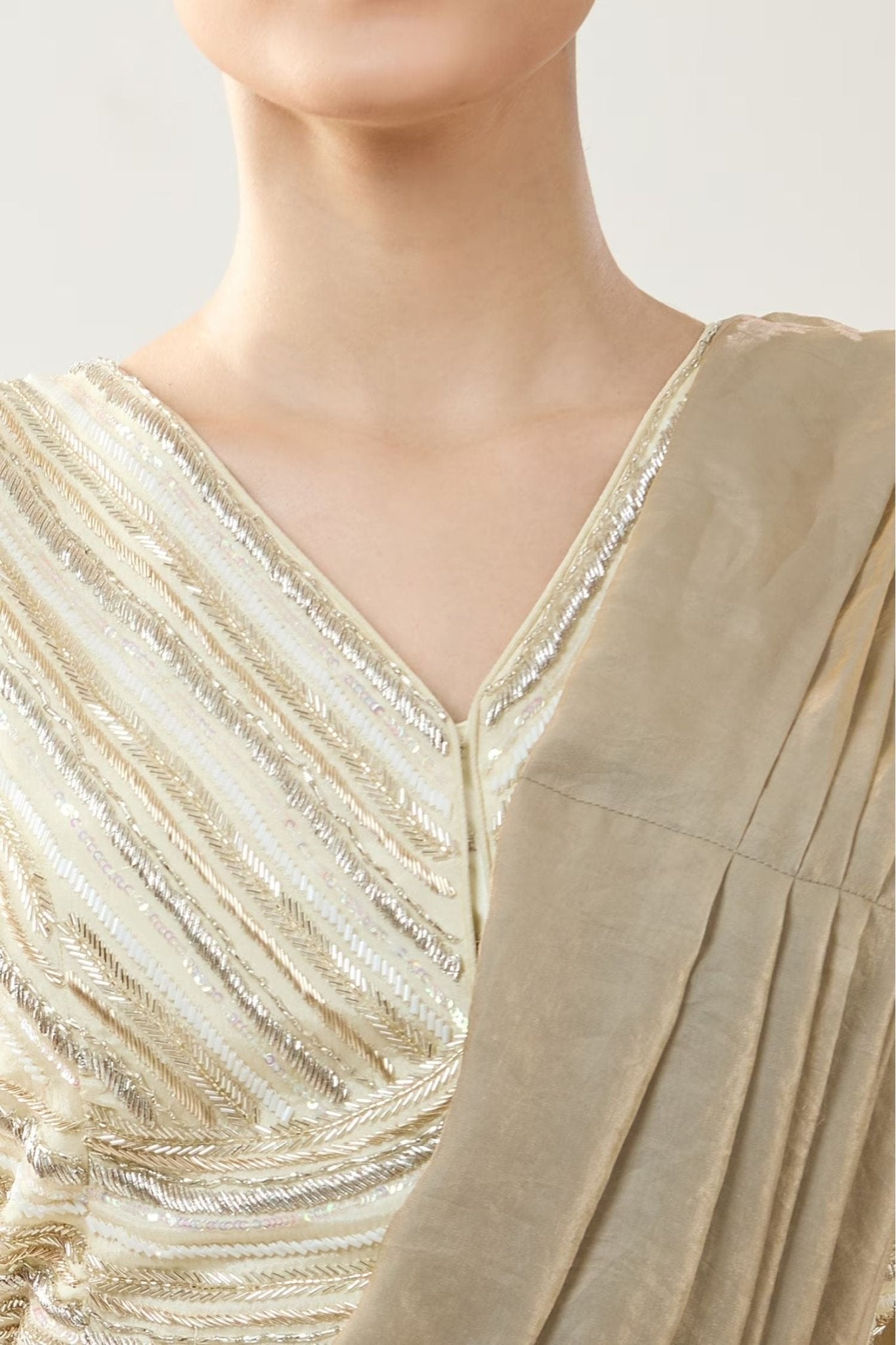 Designer Wear Beige Pre-Draped Saree Set - Simaaya