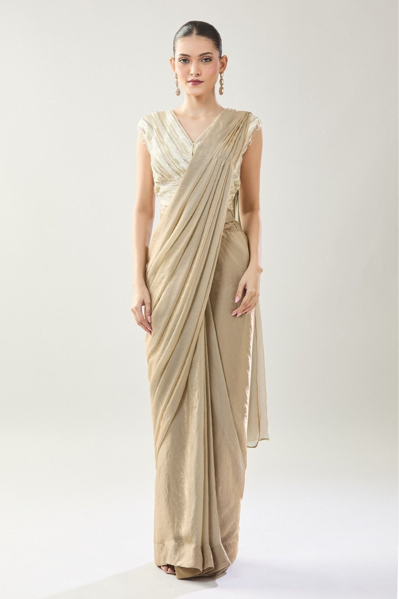 Designer Wear Beige Pre-Draped Saree Set - Simaaya
