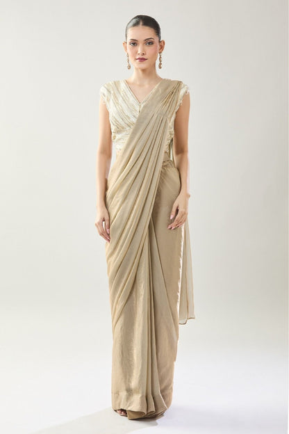 Designer Wear Beige Pre-Draped Saree Set - Simaaya