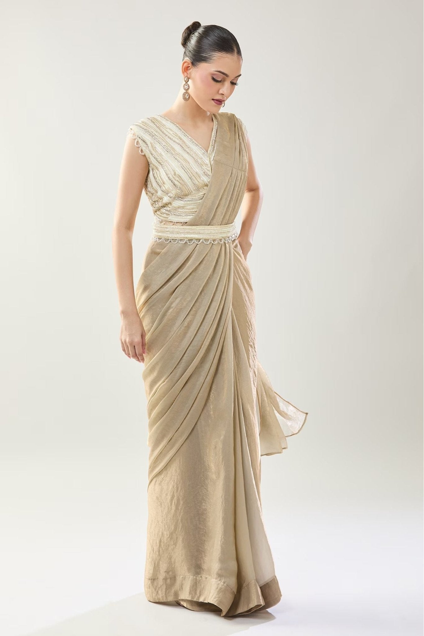 Designer Wear Beige Pre-Draped Saree Set - Simaaya