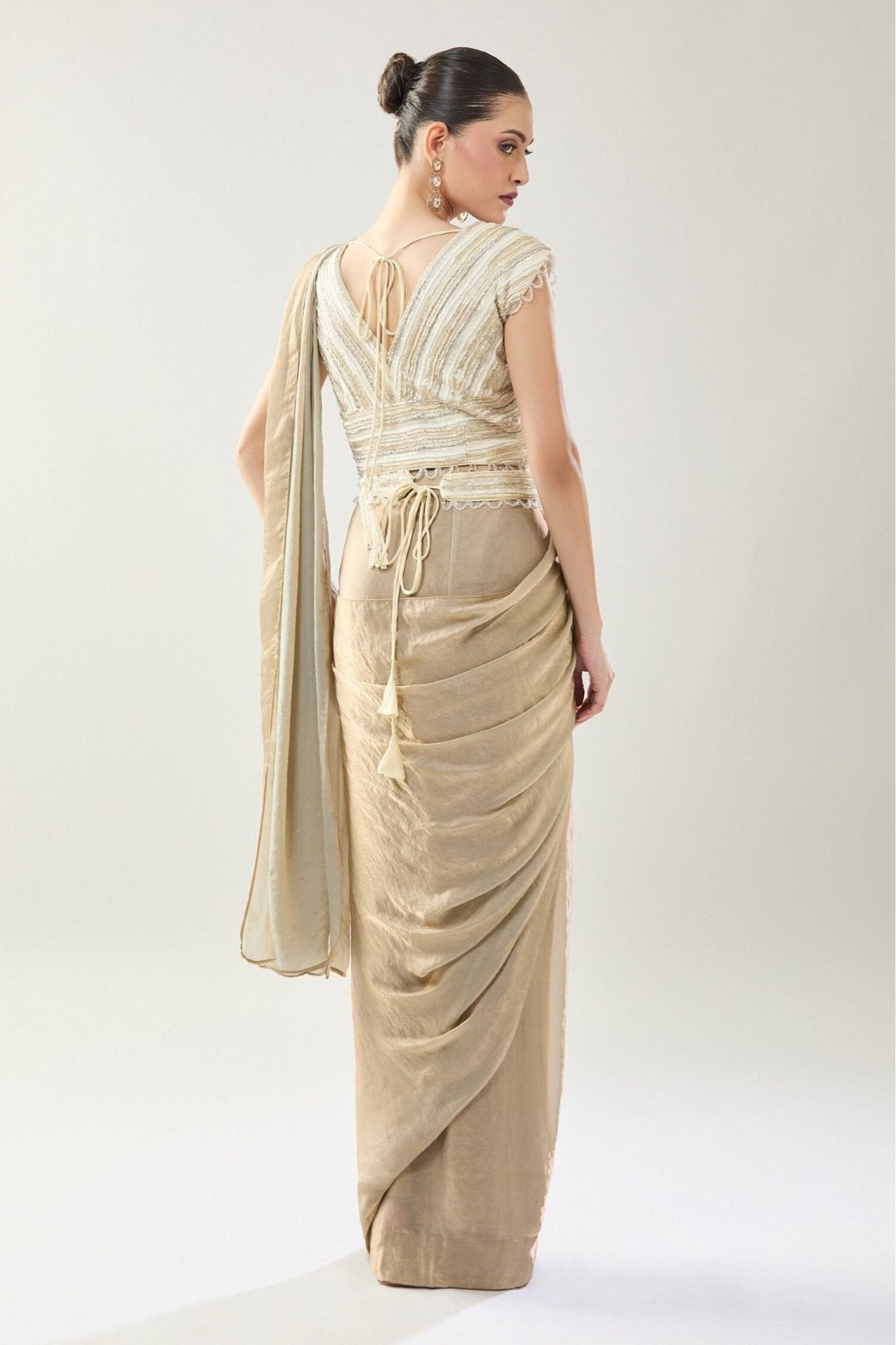 Designer Wear Beige Pre-Draped Saree Set - Simaaya