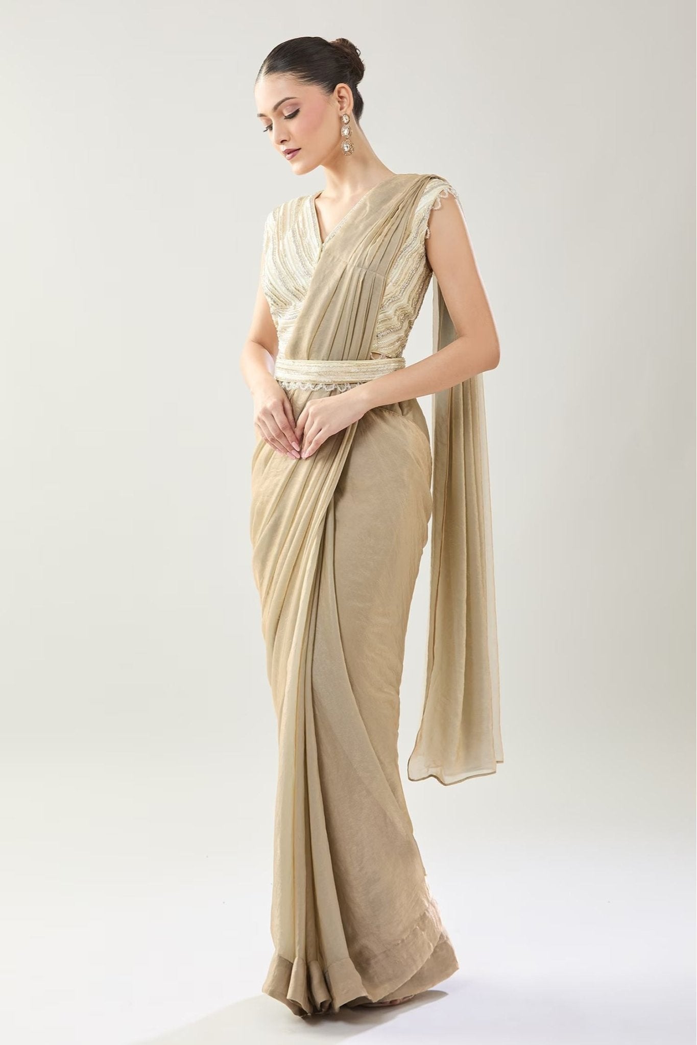 Designer Wear Beige Pre-Draped Saree Set - Simaaya