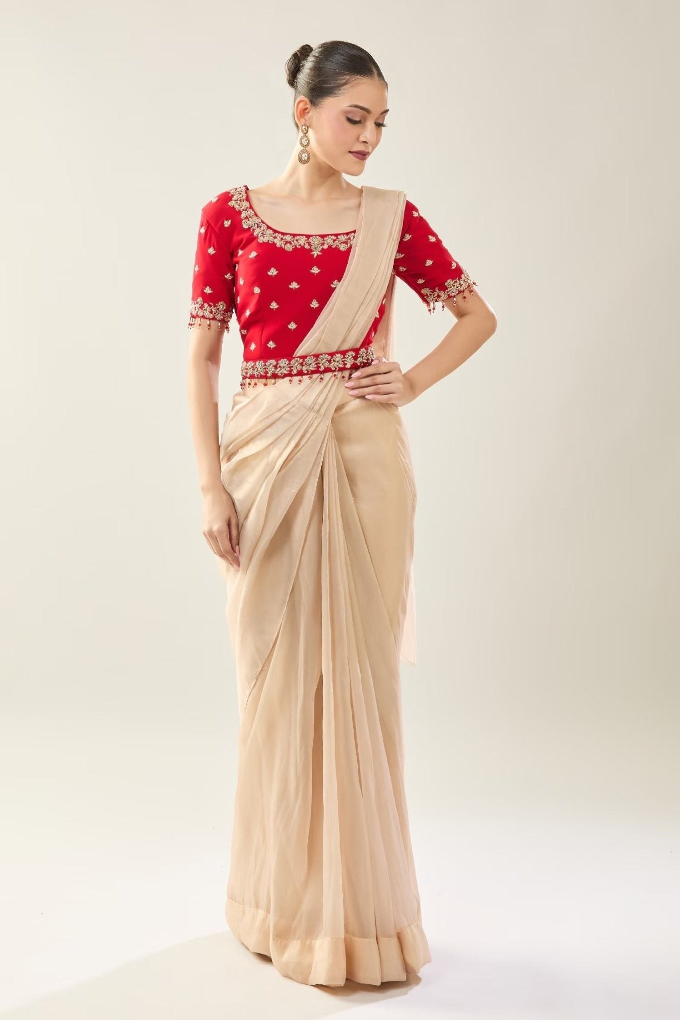 Designer Wear Beige Tissue Drape Saree - Simaaya