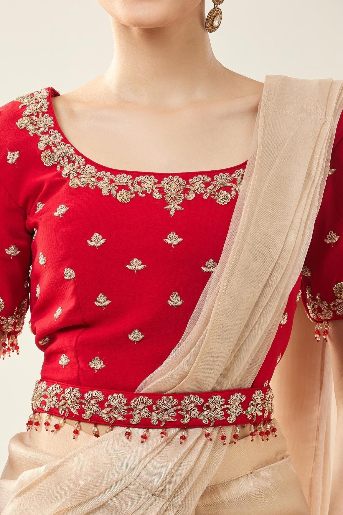 Designer Wear Beige Tissue Drape Saree - Simaaya