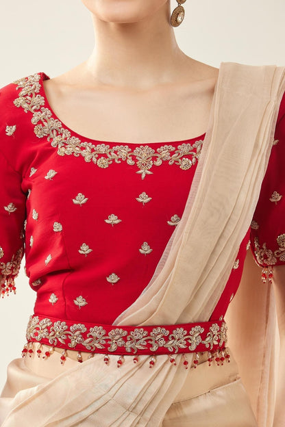 Designer Wear Beige Tissue Drape Saree - Simaaya