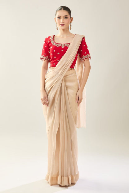 Designer Wear Beige Tissue Drape Saree - Simaaya