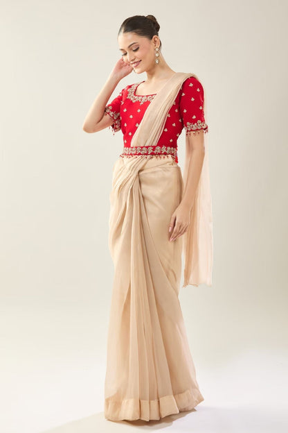 Designer Wear Beige Tissue Drape Saree - Simaaya