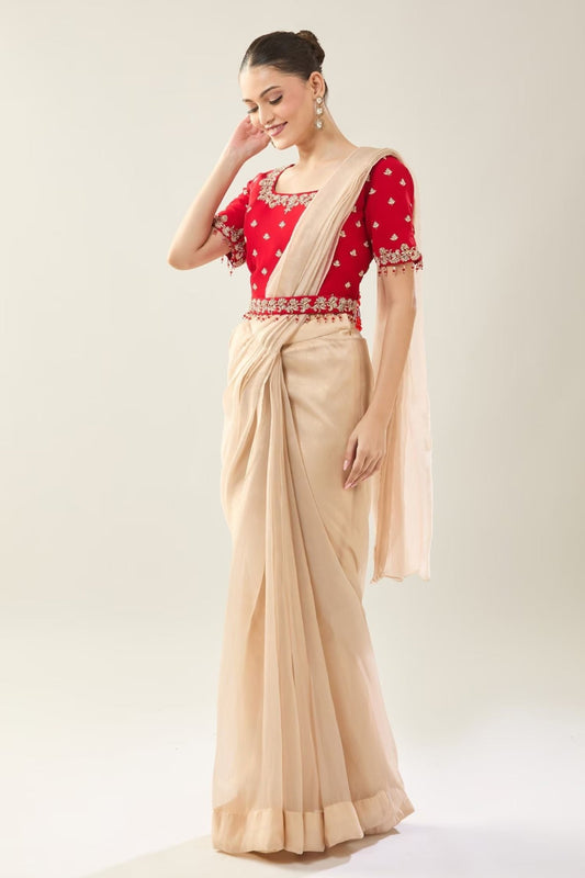 Designer Wear Beige Tissue Drape Saree - Simaaya