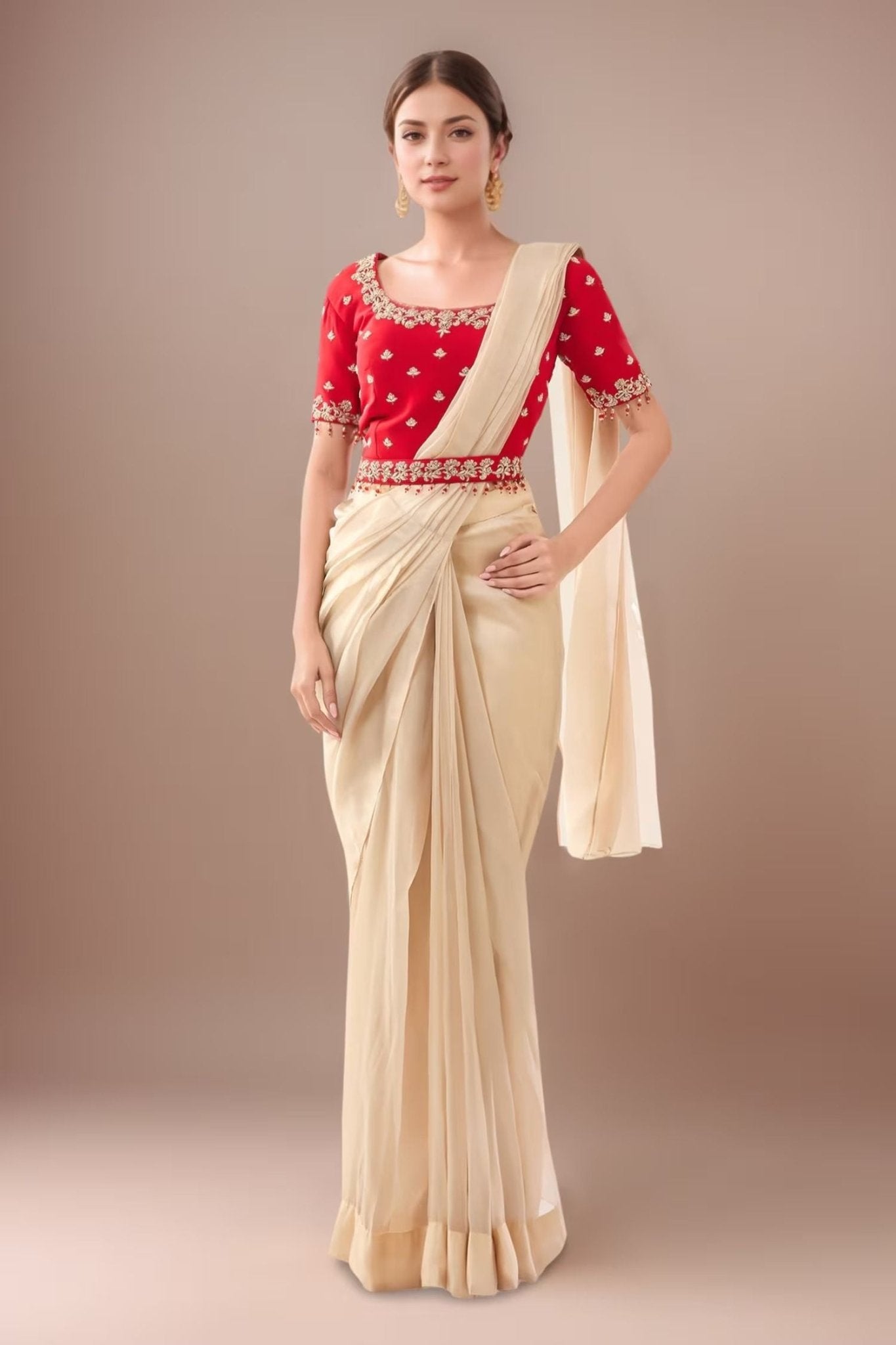 Designer Wear Beige Tissue Drape Saree - Simaaya