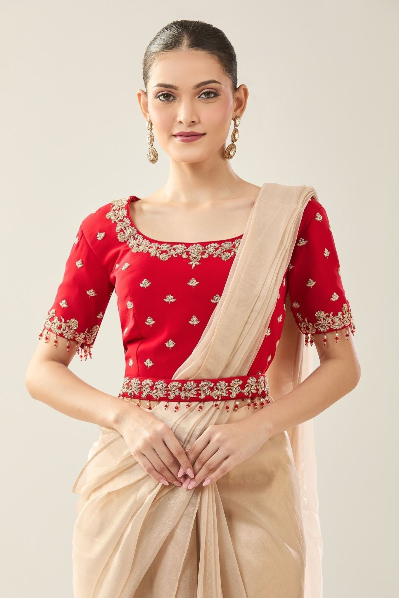 Designer Wear Beige Tissue Drape Saree - Simaaya