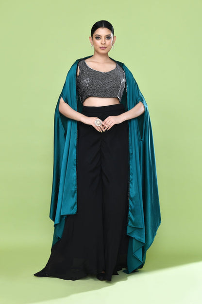 Designer Wear Black & Blue Crop Top & Palazzo Set - Simaaya
