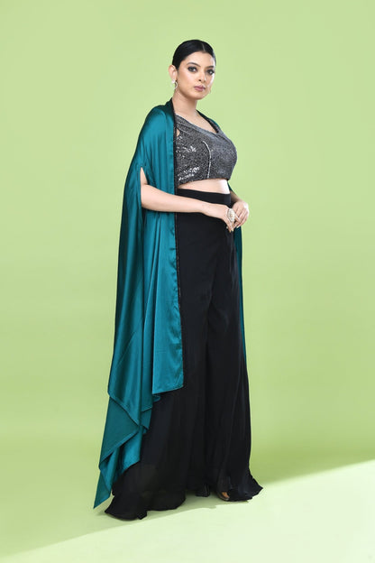Designer Wear Black & Blue Crop Top & Palazzo Set - Simaaya