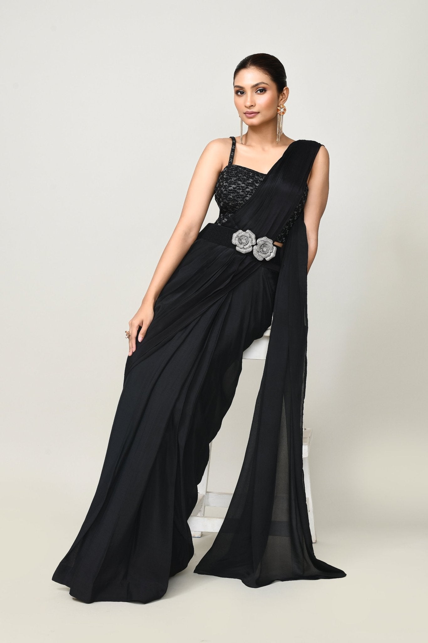 Designer Wear Black Chinon Chiffon Drape Saree - Simaaya