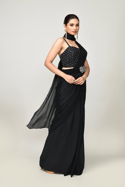 Designer Wear Black Chinon Chiffon Drape Saree - Simaaya