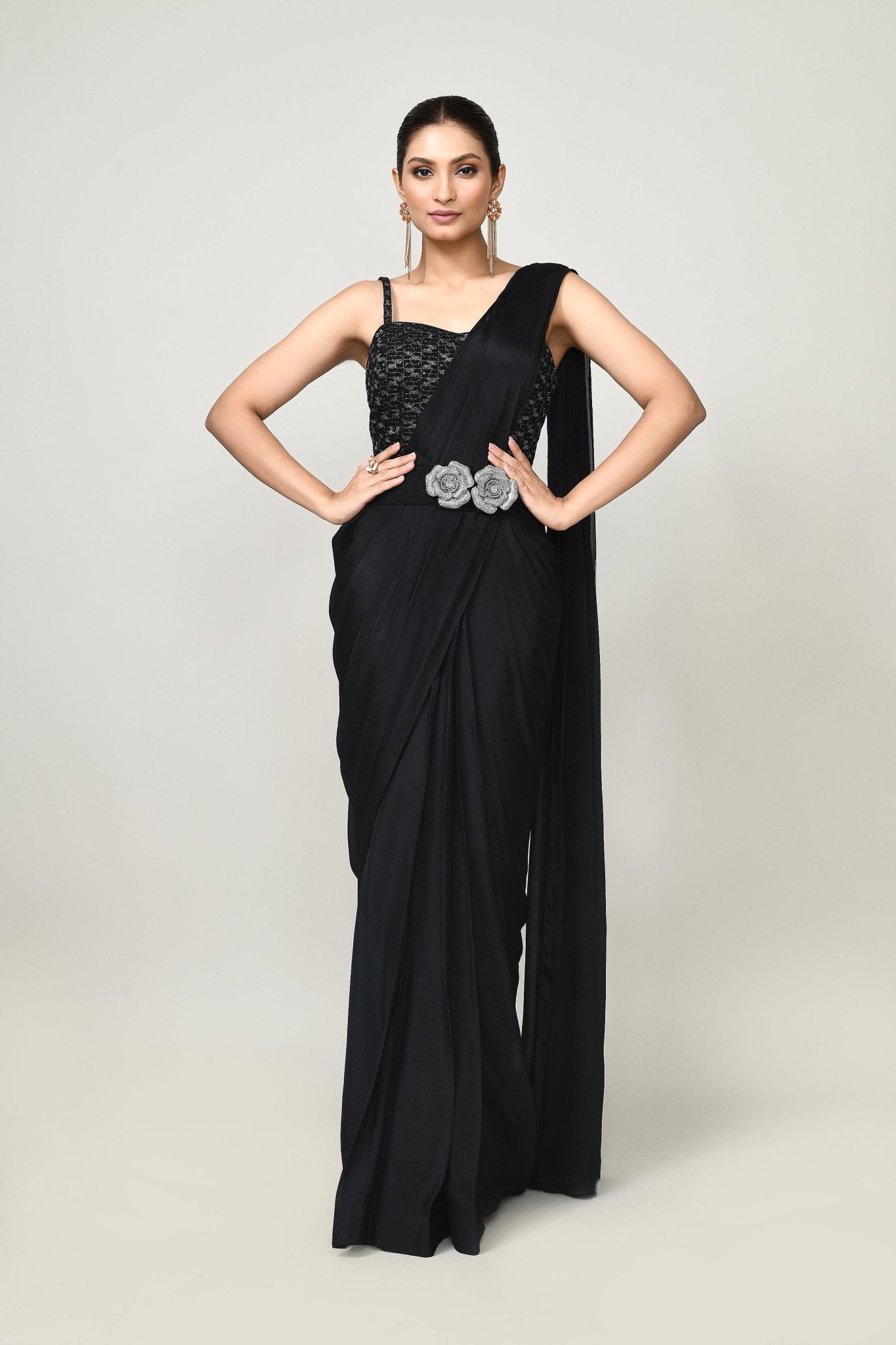 Designer Wear Black Chinon Chiffon Drape Saree - Simaaya