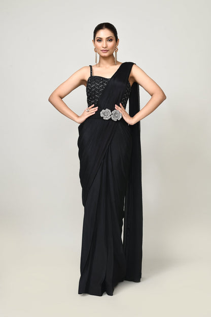 Designer Wear Black Chinon Chiffon Drape Saree - Simaaya
