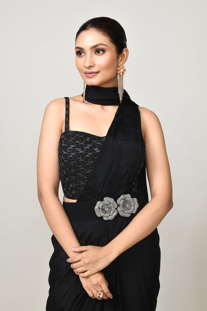Designer Wear Black Chinon Chiffon Drape Saree - Simaaya