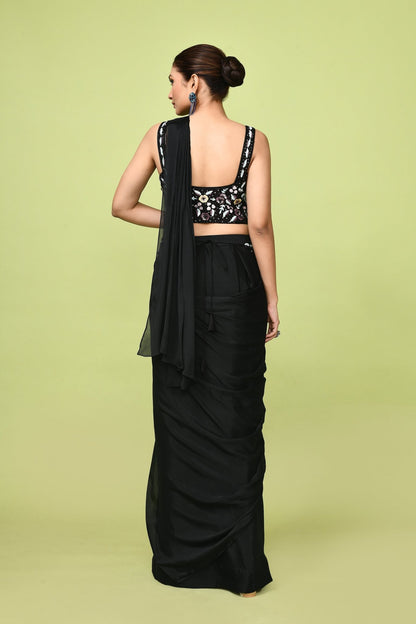 Designer Wear Black Chinon Chiffon Drape Saree - Simaaya