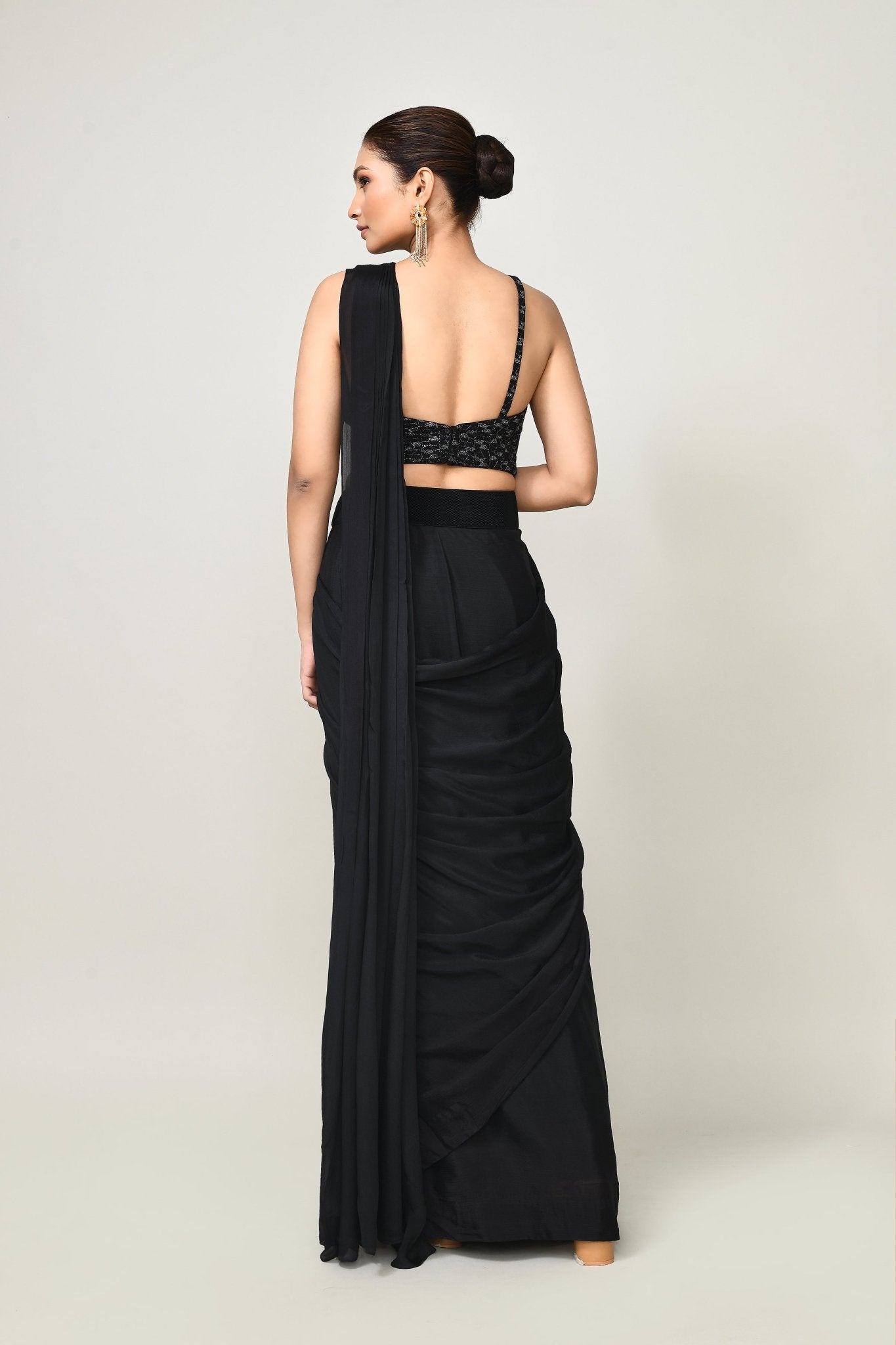 Designer Wear Black Chinon Chiffon Drape Saree - Simaaya