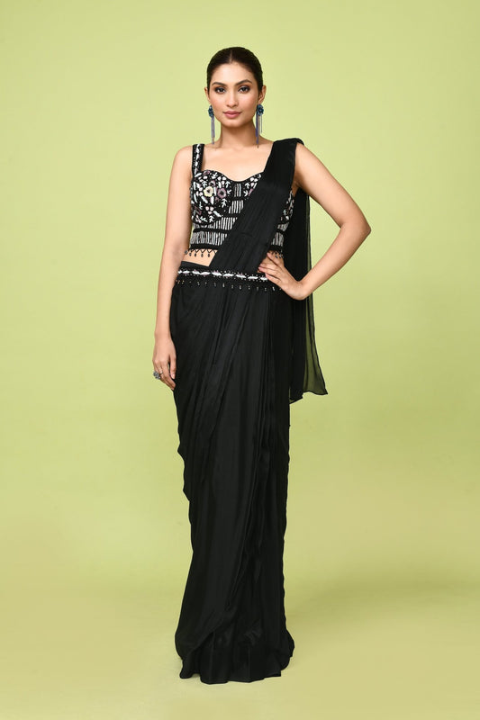 Designer Wear Black Chinon Chiffon Drape Saree - Simaaya