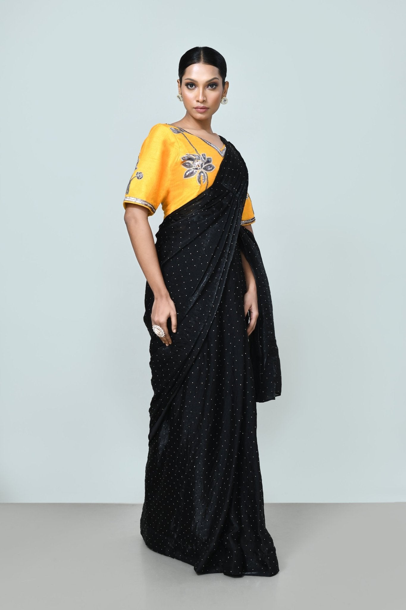 Designer Wear Black Diamond Silk Drape Saree - Simaaya