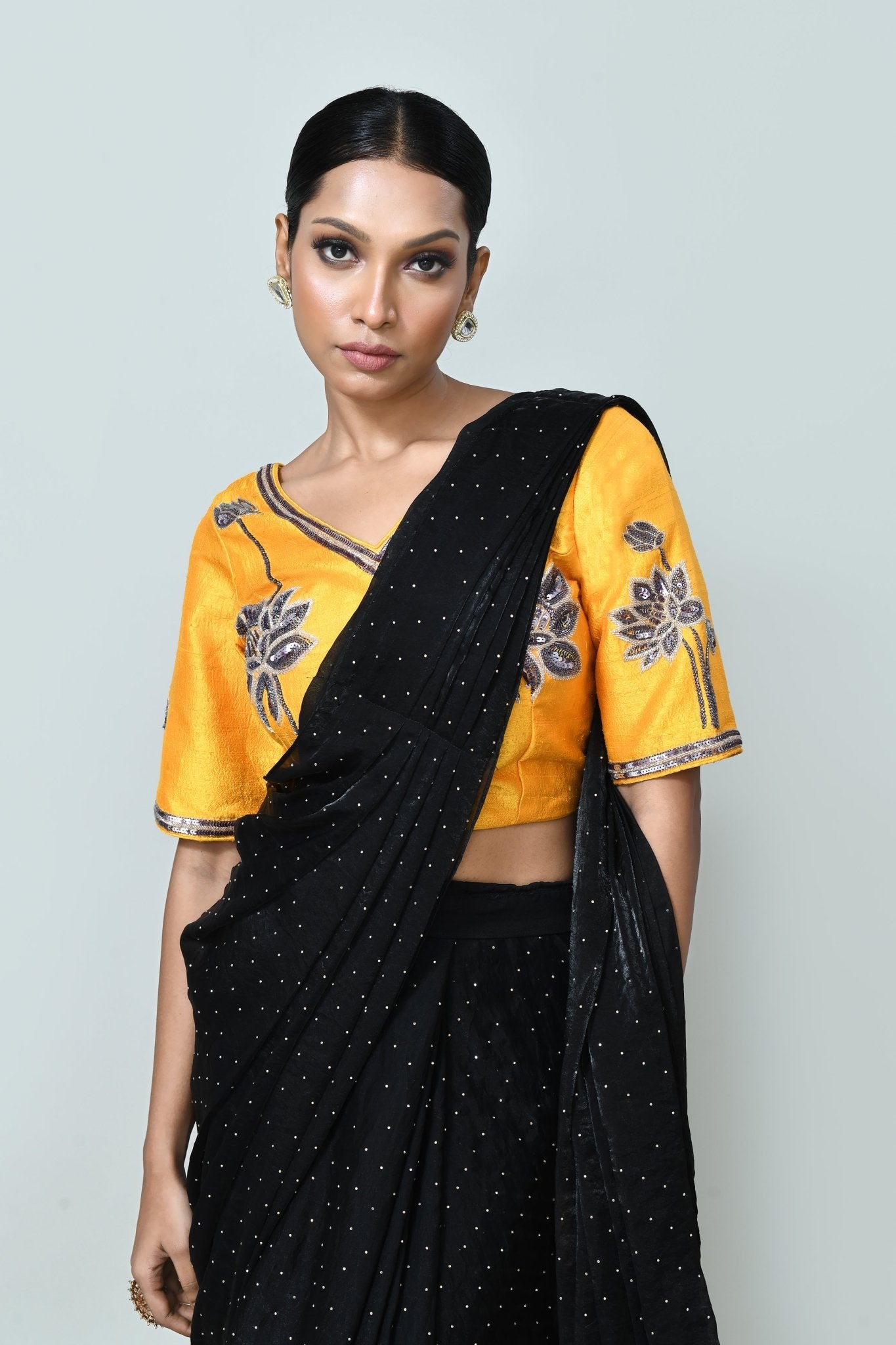 Designer Wear Black Diamond Silk Drape Saree - Simaaya
