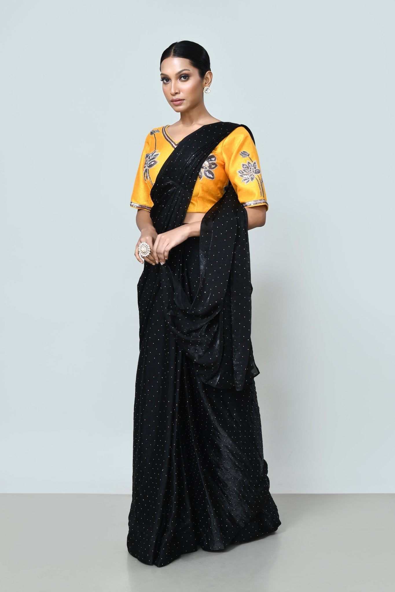 Designer Wear Black Diamond Silk Drape Saree - Simaaya