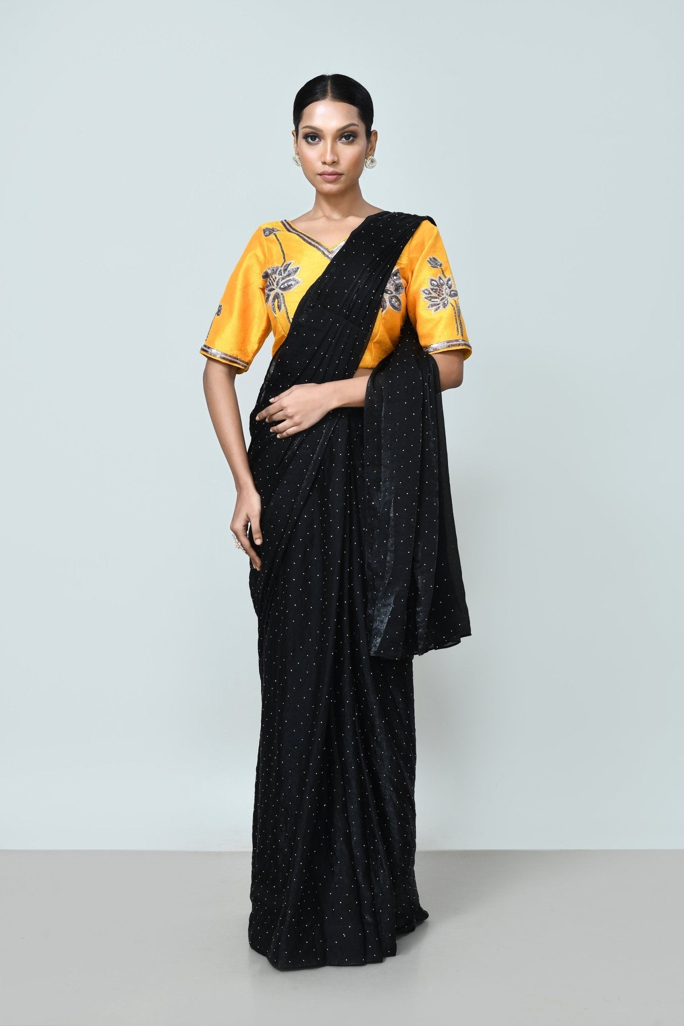 Designer Wear Black Diamond Silk Drape Saree - Simaaya