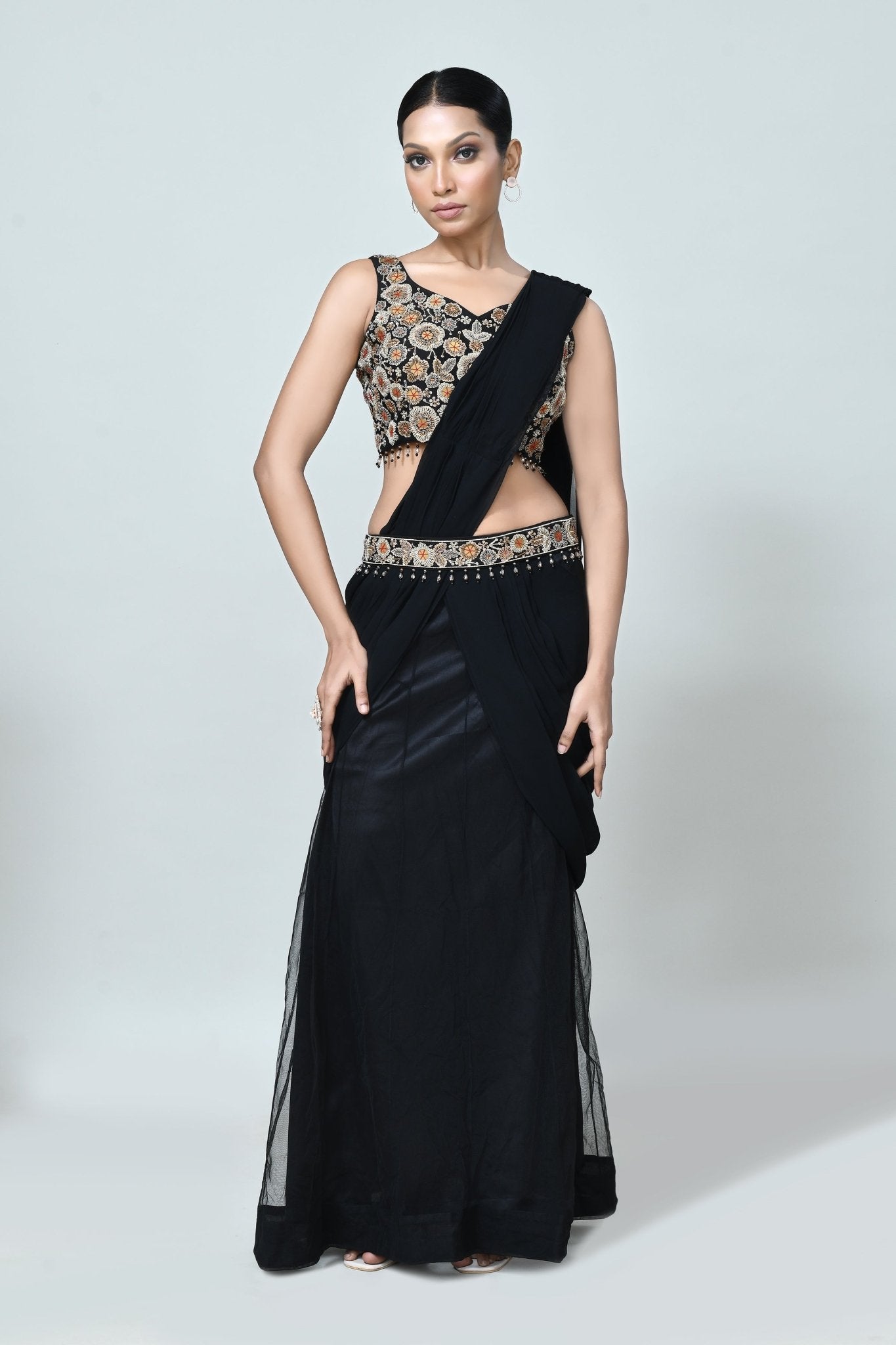Designer Wear Black Georgette Net Drape Saree - Simaaya