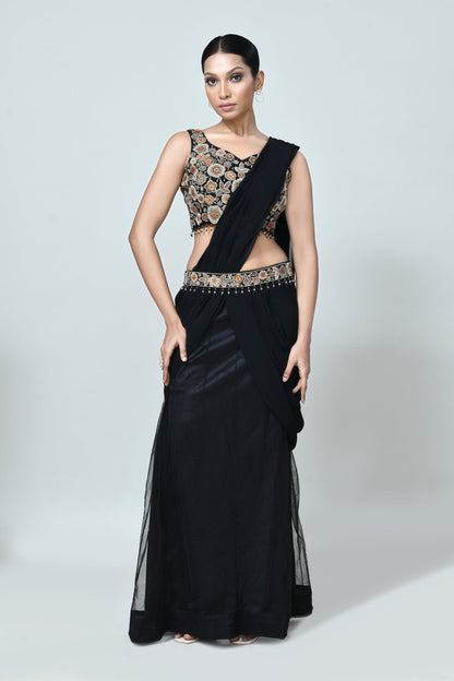 Designer Wear Black Georgette Net Drape Saree - Simaaya