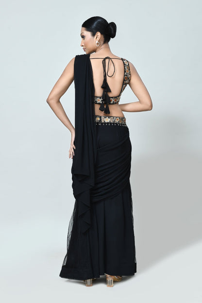 Designer Wear Black Georgette Net Drape Saree - Simaaya