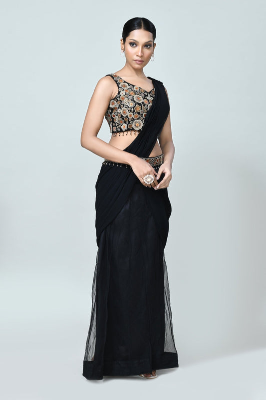 Designer Wear Black Georgette Net Drape Saree - Simaaya