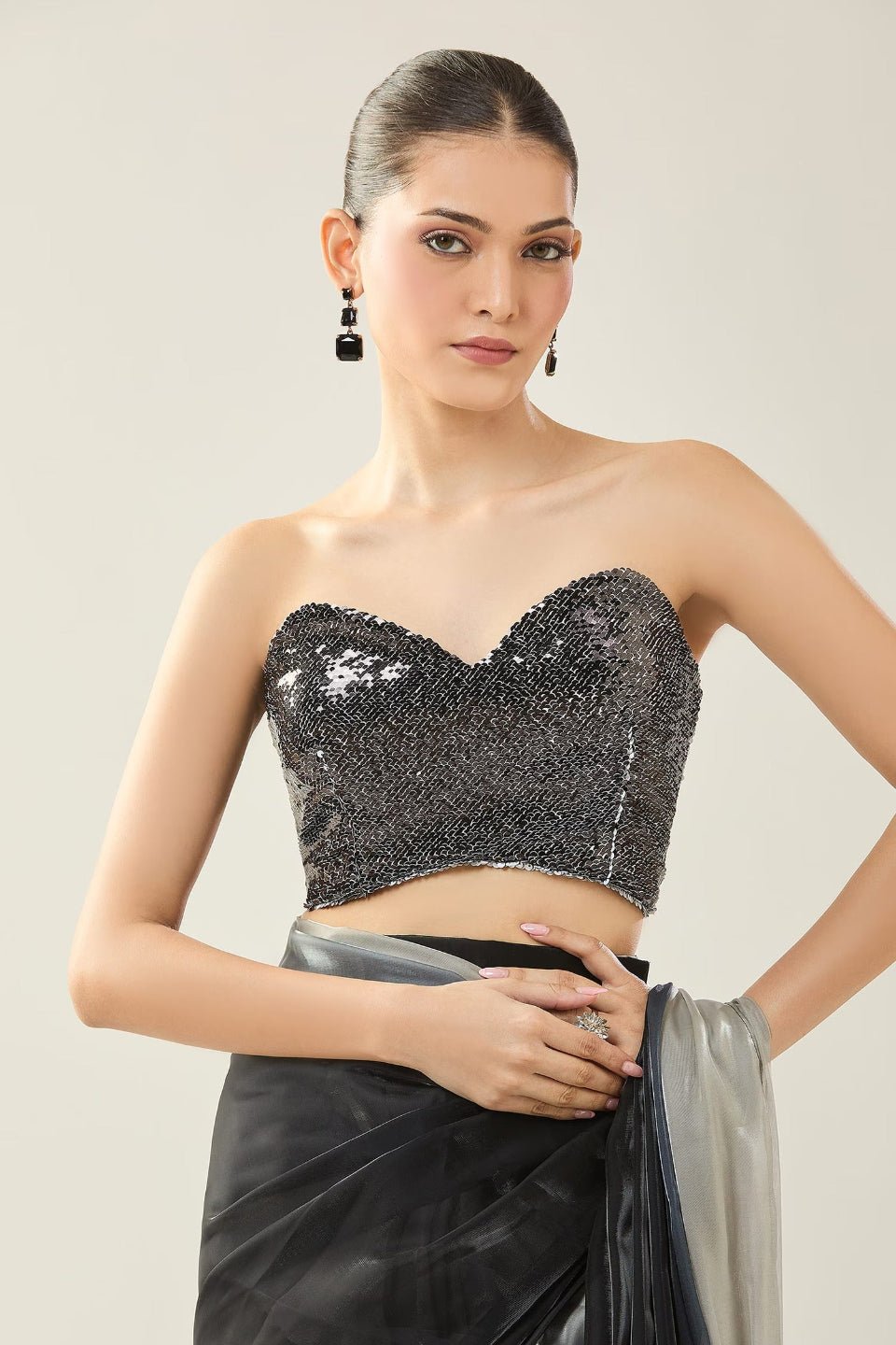 Designer Wear Black, Grey Glass Organza Pre - Draped Saree Set - Simaaya
