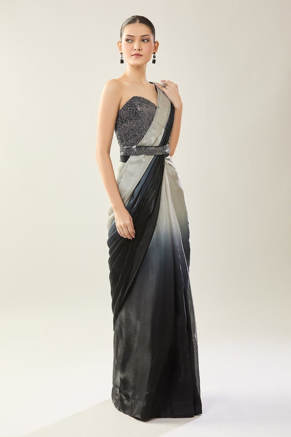 Designer Wear Black, Grey Glass Organza Pre - Draped Saree Set - Simaaya