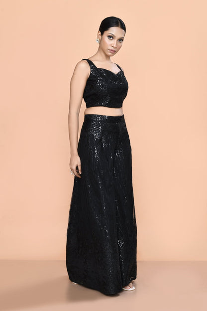 Designer Wear Black Net Palazzo With Crop Top set - Simaaya