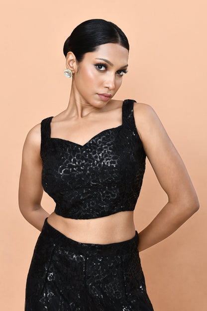 Designer Wear Black Net Palazzo With Crop Top set - Simaaya