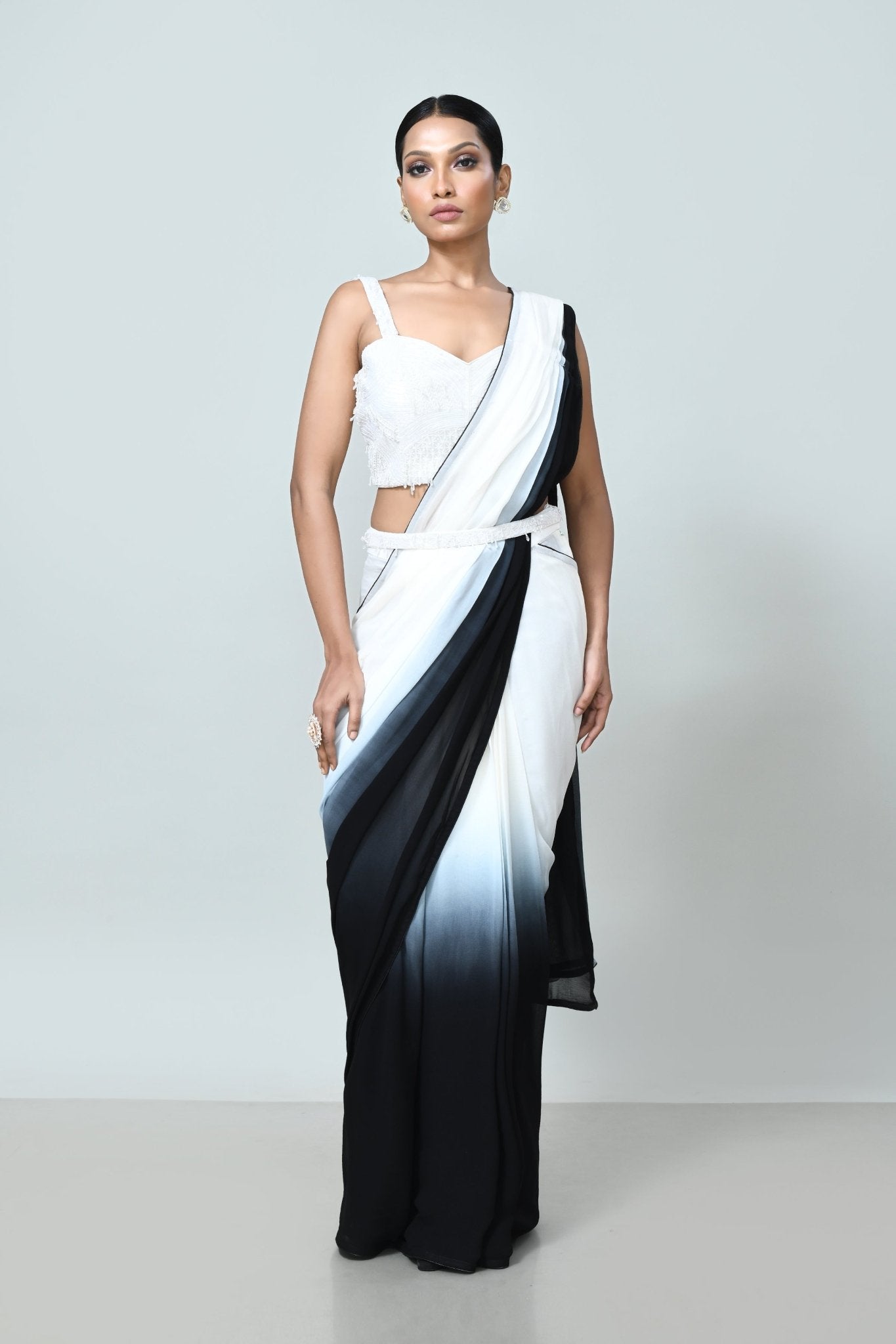 Designer Wear Black & White Georgette Drape Saree - Simaaya