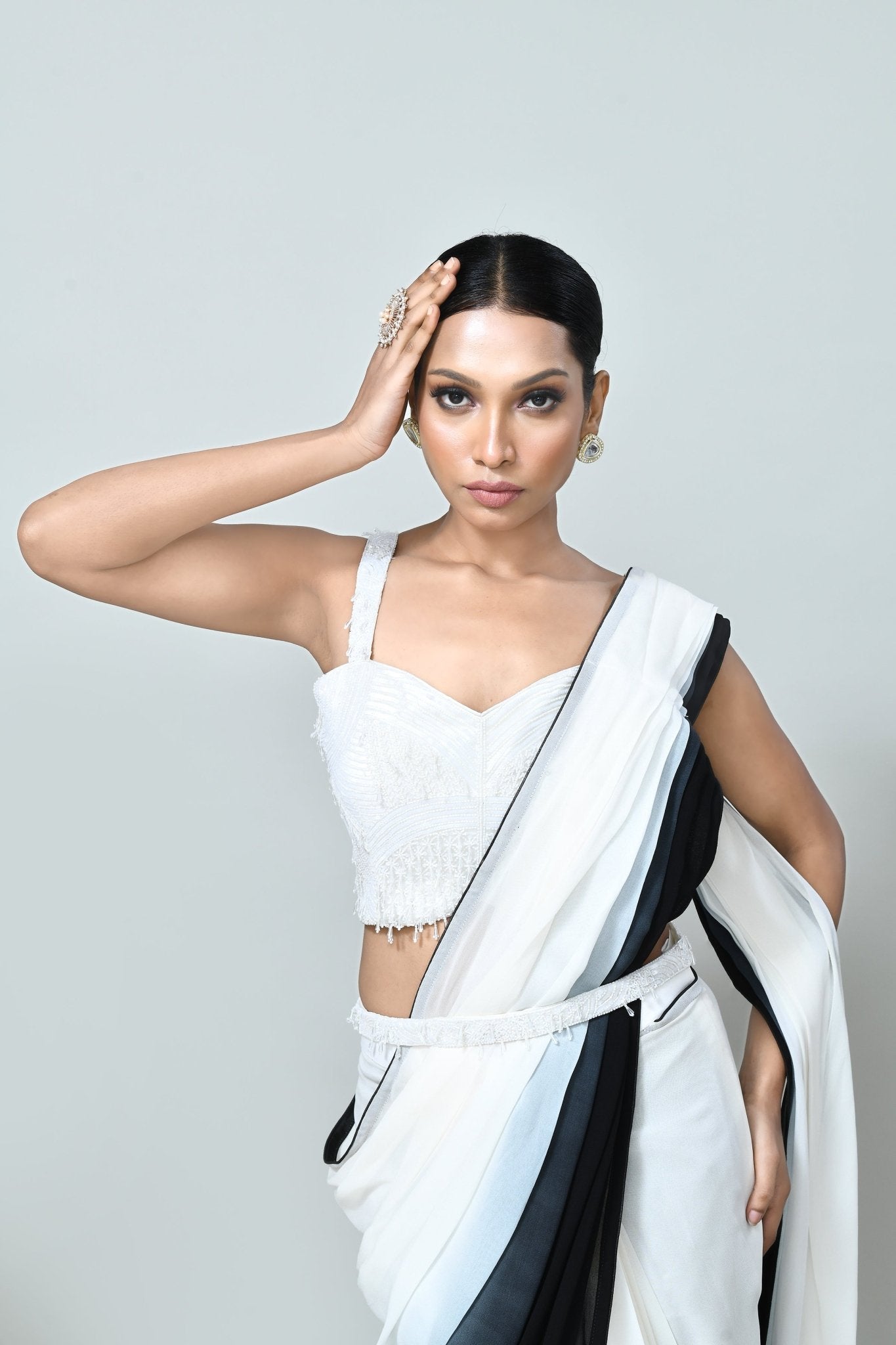 Designer Wear Black & White Georgette Drape Saree - Simaaya