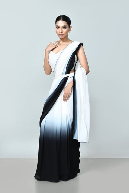 Designer Wear Black & White Georgette Drape Saree - Simaaya