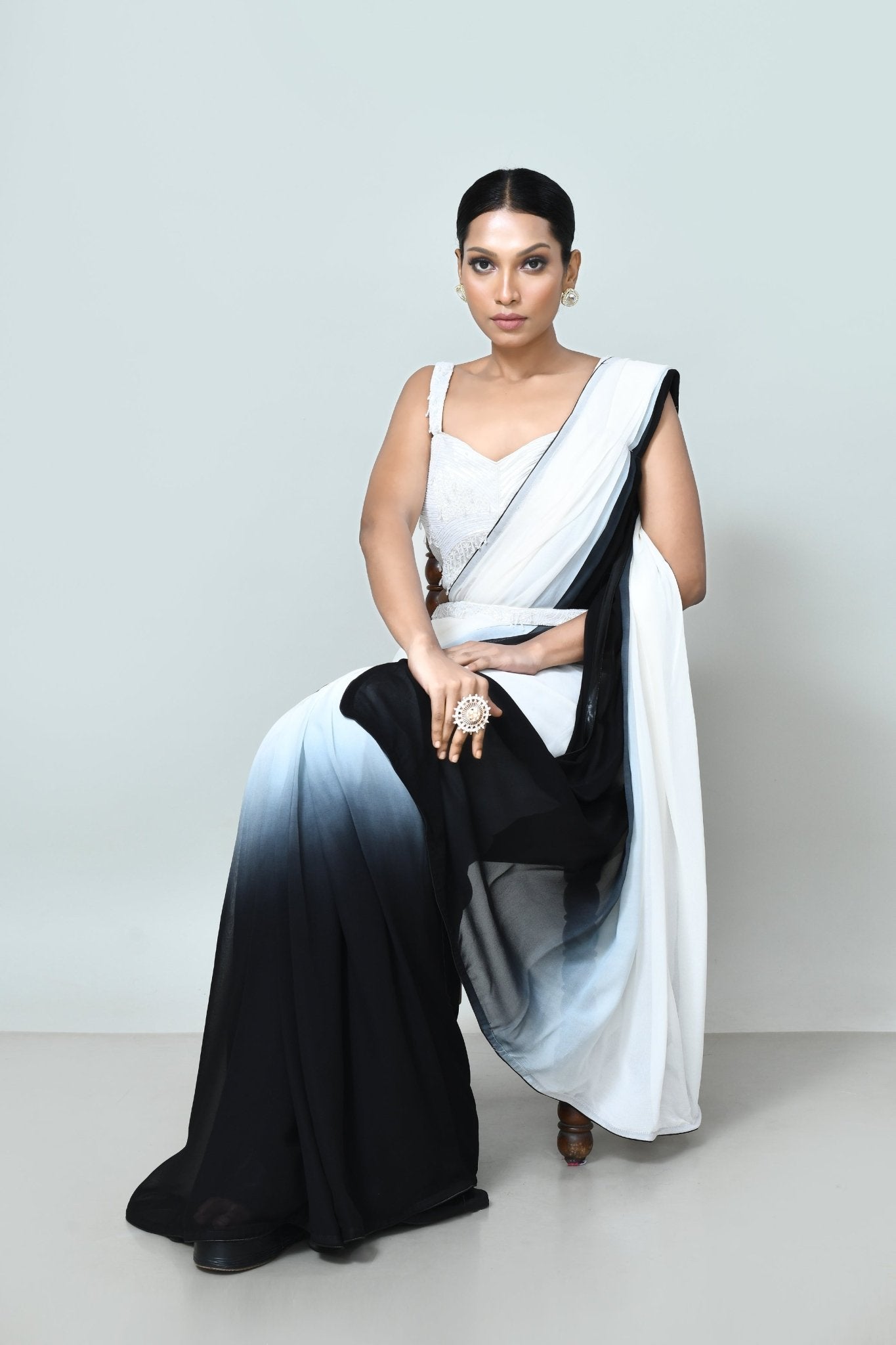 Designer Wear Black & White Georgette Drape Saree - Simaaya