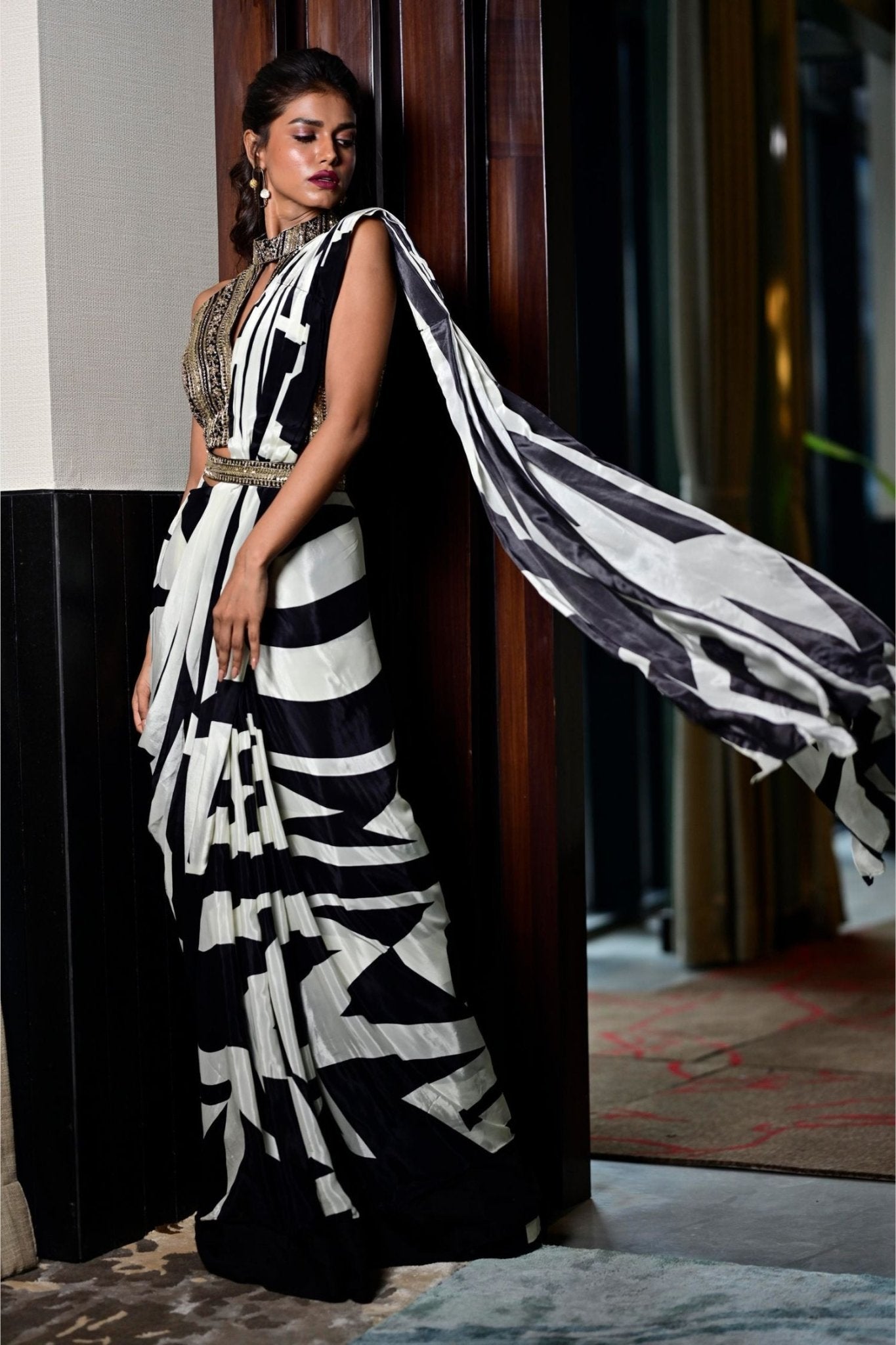Designer Wear Black & White Pre-draped Saree Set - Simaaya